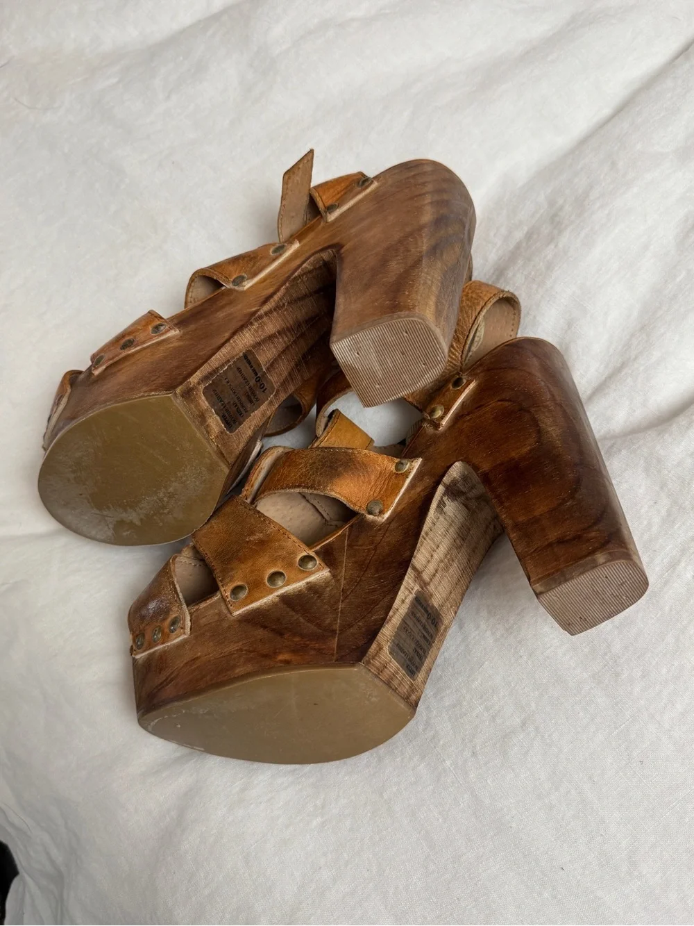 Bed|Stu Leather Wooden Platform Clog Heels Sandals Size 10 Y2K Boho Festival